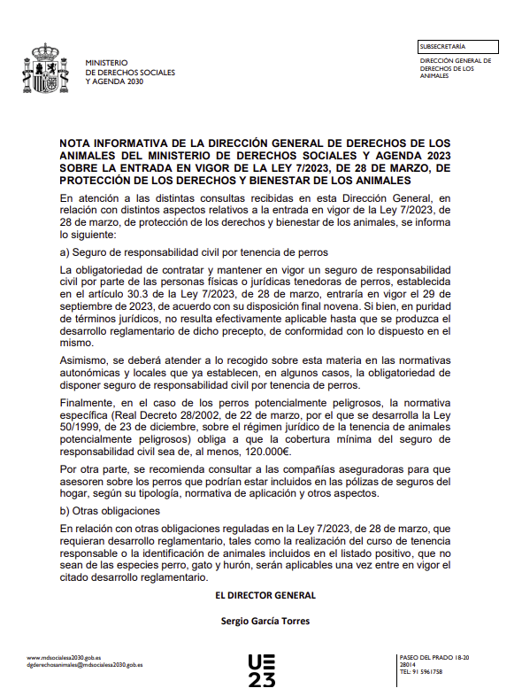 Nota informativa Ley protección de los derechos y el bienestar de los animales